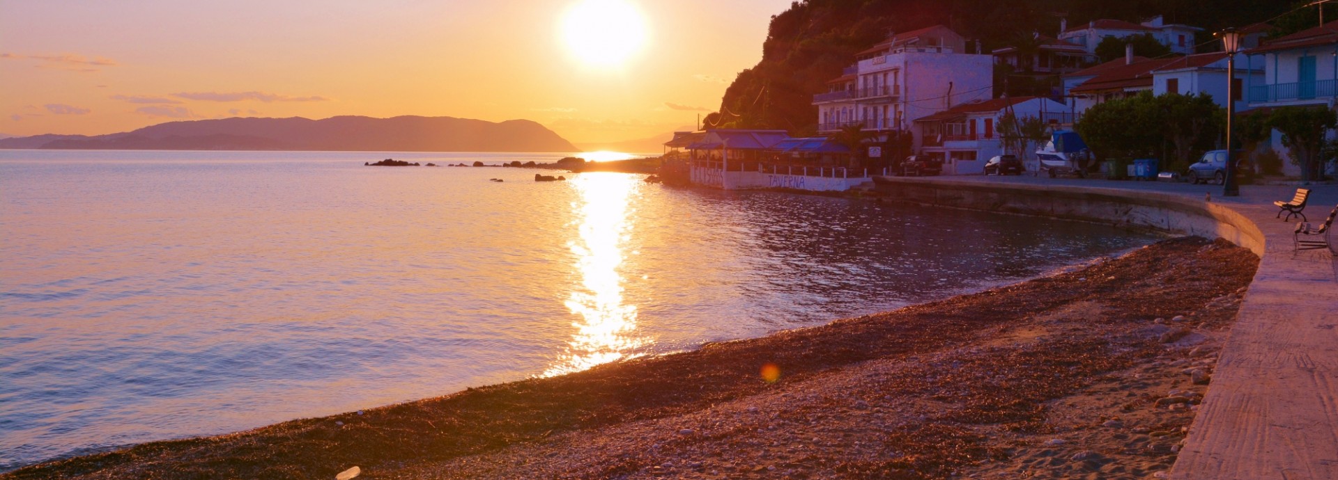 Sunset from the beach in Loutraki on Skopelos Island