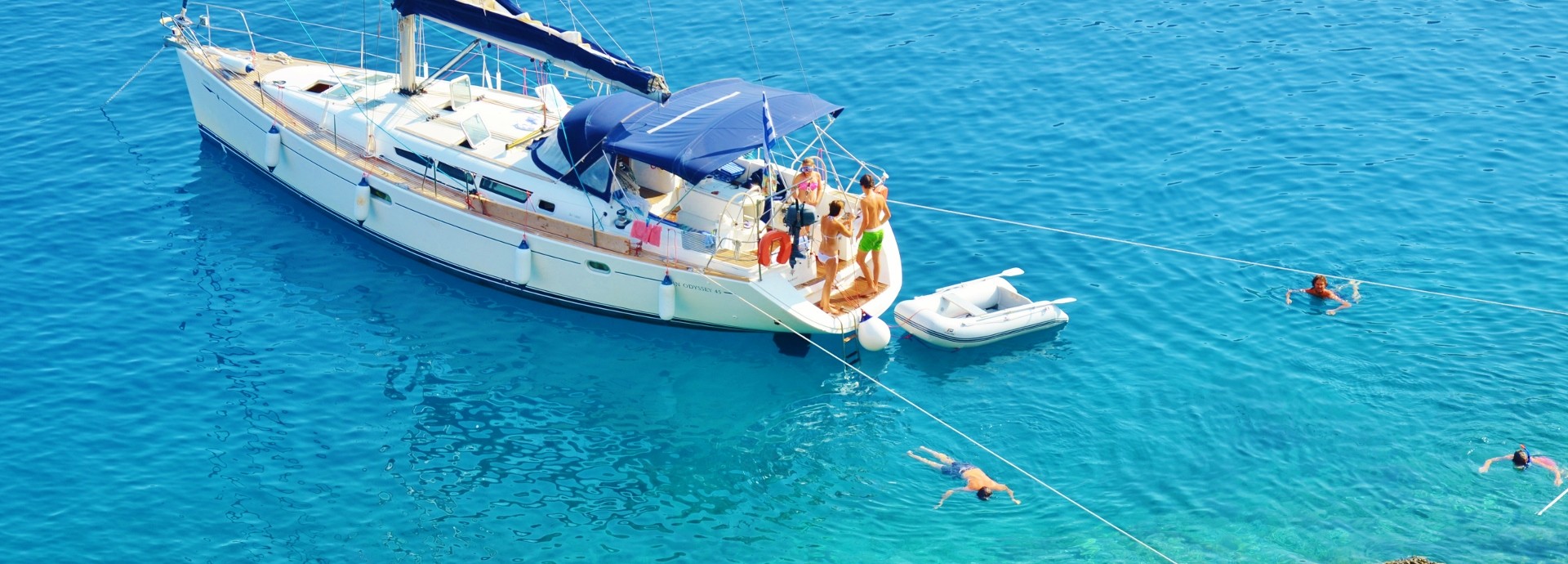 Anchored in Mandraki Bay on Hydra Island in August 2015 - Swim time!