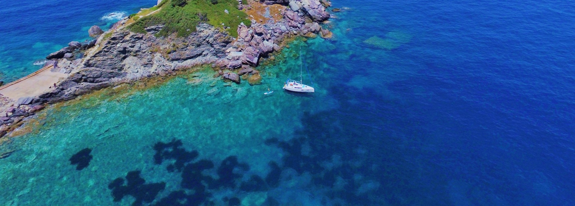 Anchored below the Mamma Mia church on Skopelos Island