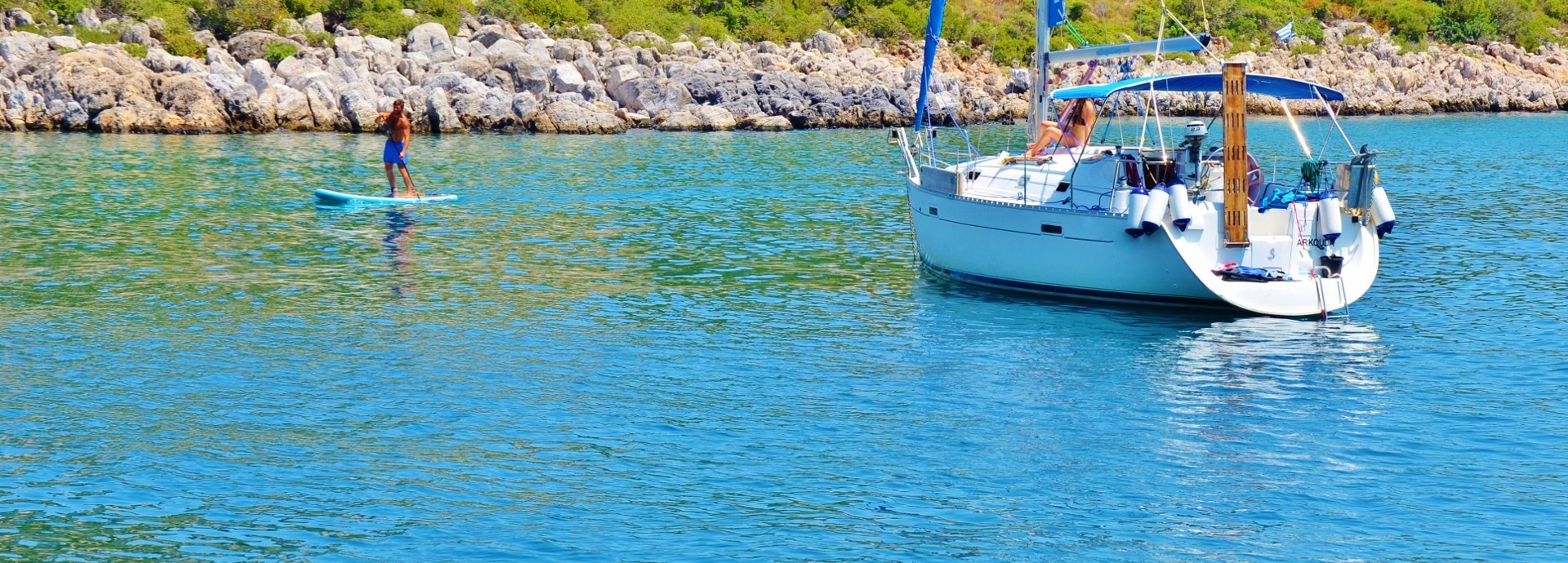 Anchored for a lunch stop Swim and SUP in the Saronic Islands