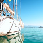 Yacht anchored in Turkey with a mountain view