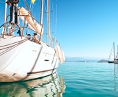 Yacht anchored in Turkey with a mountain view