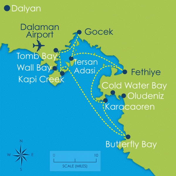 One Week Sailing from Gocek & Fethiye Map
