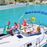 Tom, Suze & Ella having lunch on board in Emerald Bay