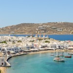 Mykonos Port view traditional boats