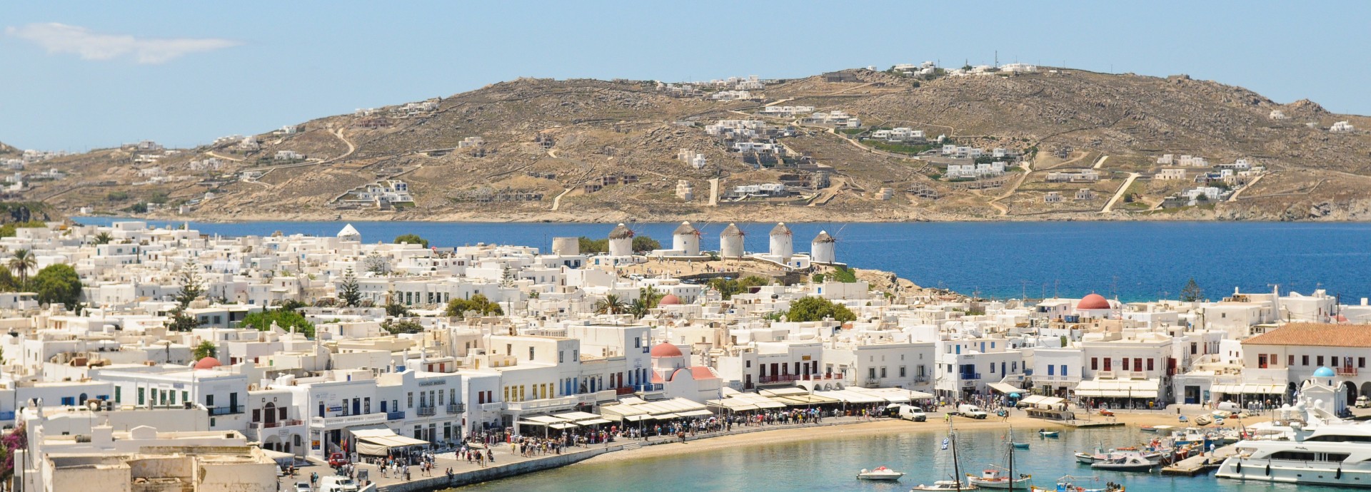 Mykonos Port view traditional boats