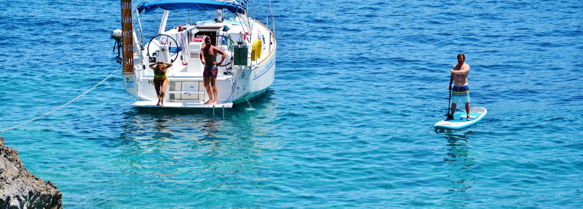 Beneteau 35 anchored below the Mamma Mia Church on Skopelos Island