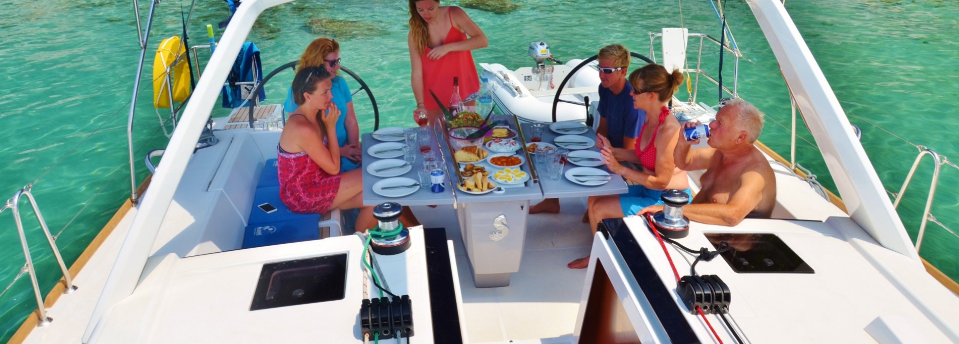 Lunch on board the Beneteau 45 in a bay on Skopelos Island